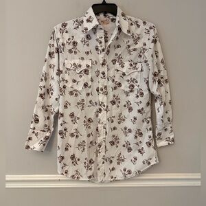 Vintage Western Fashion men’s white with brown floral snap button country shirt.